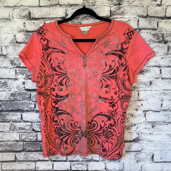 Christopher and Banks Salmon/Pink with Grey Embellishments Blouse Size XL - Picture 2 of 7